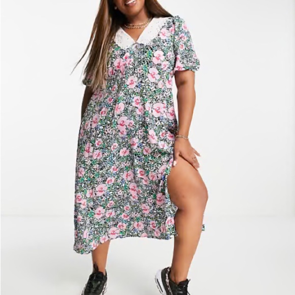 Floral V-Neck Dress with Pink and Green Pattern